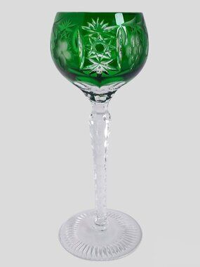 Vintage Anna Hutte Green Cut to Clear Crystal Wine Hock Goblet Glass 50s 60s